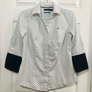 Nautical . White Blouse with Black Dots and Navy Blue on the Sleeve.